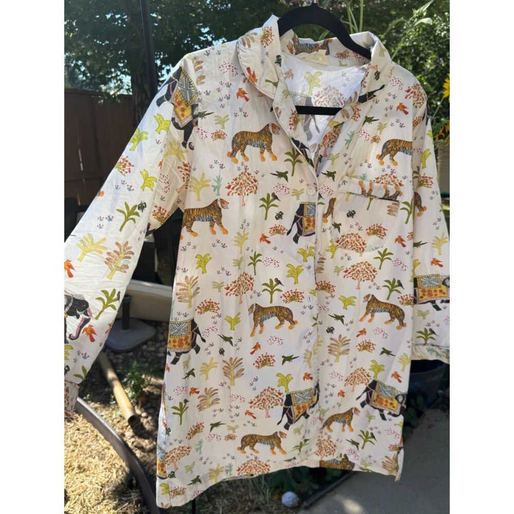 John Robshaw Pajama Shirt (only) Jungle Motif 100% Cotton S (oversized)